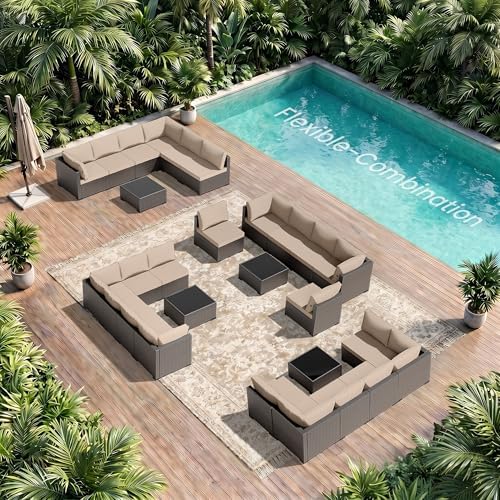 Patio Furniture Set - All-Weather - 7 Piece Patio Outdoor Conversation Set, Modular Wicker Rattan Sectional Sofa for Backyard, Garden, Poolside, Balcony, Porch, Patio, Brown/Khaki - Image 6