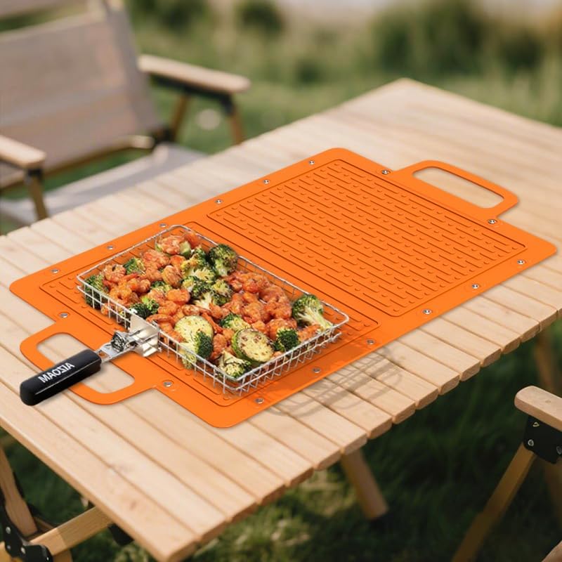 Large Silicone Grill Mat, Heat Resistant Non-Slip BBQ Mat, Foldable Grill Side Shelf Pad with Snap Buttons, Food-Grade, Convertible Storage Bag for BBQ Utensils & Accessories, Orange - Image 6