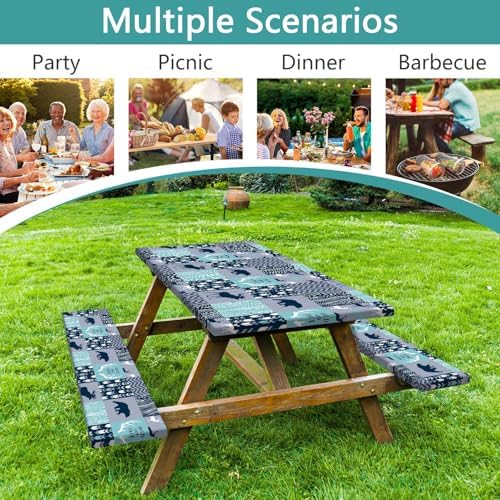 Picnic Table Cover with Bench Covers, Camping Essentials, Rustic Cabin Deer Bear Stripes Waterproof Windproof Patio Table Cover, Fitted Tablecloth Cover with Elastic Edge for Outdoor 3 PCS 30x96 Inch - Image 3
