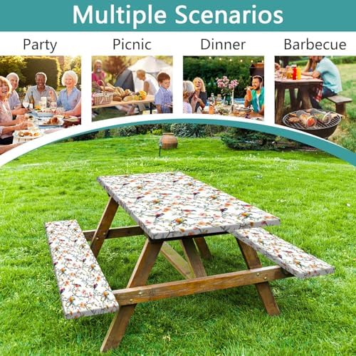 Bird Branch Picnic Table Cover with Bench Covers and Bag, Camping Essentials, Spring Summer Floral Waterproof Windproof, Fitted Tablecloth Cover with Elastic Edge for Outdoor Garden 3 PCS 30x96 Inch - Image 3