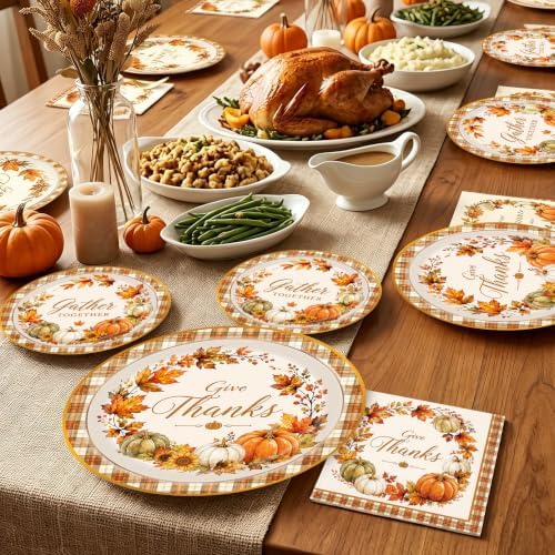 96 Pieces Thanksgiving Tableware Set – Fall Pumpkin Disposable Plates, Napkins, and Gold Forks for Thanksgiving Dinner, Friendsgiving, Harvest Party and Autumn Celebrations – Serves 24 Guests - Image 5