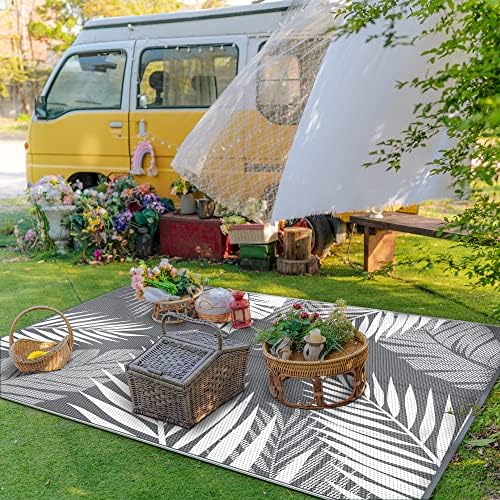 GENIMO Outdoor Rug, Waterproof Plastic Rugs 8'x16' for Camping Grey White - Image 3