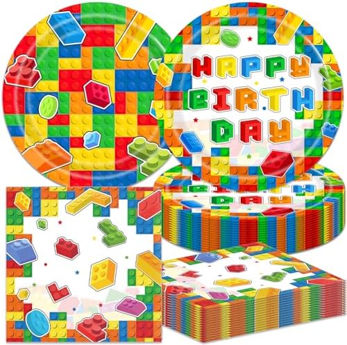 40pcs Building Block Party Supplies,Colorful Building Block Party Decoration Supplies,Used for Building Block Party Decoration,Include 20pcs 7inch dinner plates, 20 Napkin (red) by Unknown