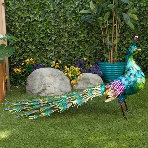 Alpine Corporation HEH378 Metal Jumbo Sized Majestic Peacock Decor, Elegant Garden & Patio Bird Statue, 33" H, Blue - Image 2