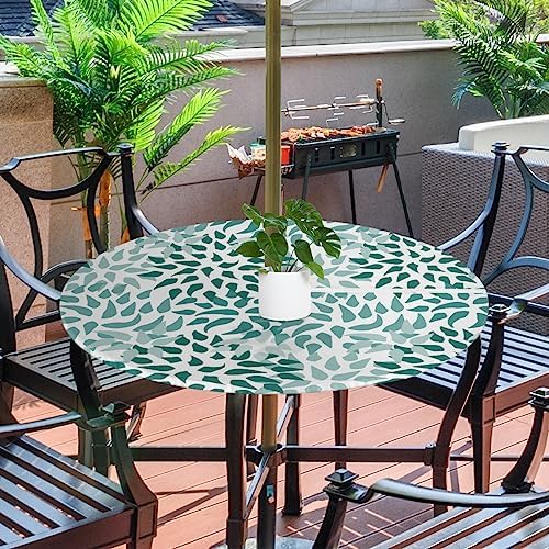Fitted Round Tablecloth with Umbrella Hole and Zipper Abstract Nature Outdoor Elastic Table Cloth 45"-56" Oil-Proof Waterproof Green Nature Patio Table Cover for Picnic Party by GzLeyigouHomeKitchen