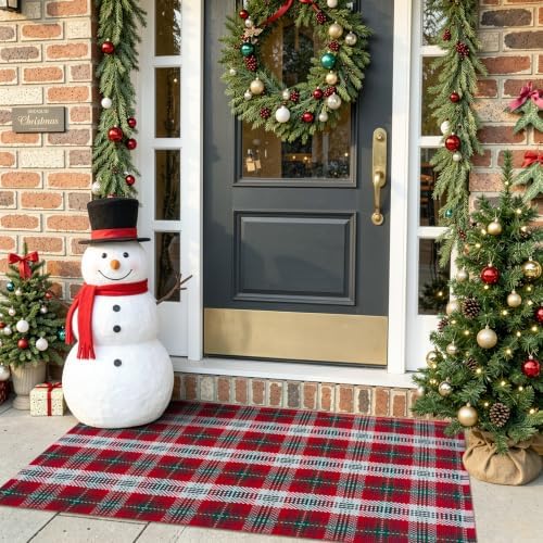 OJIA Christmas Front Door Mat Outdoor Red and Green Plaid Porch Rug Decor - Image 6