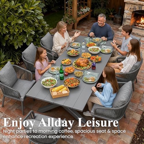 LayinSun 9 Pieces Outdoor Patio Dining Set, Aluminium Rectangular Dining Table and Wicker Rattan Chairs Set for Outside Backyard, Poolside - Image 2