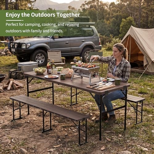 Picnic Table Set with 2 Benches,6 Feet Folding Camping Table Chair Set with Wood Grain Tabletop,3-Piece Outdoor Indoor Portable Folding Furniture for Party, Camping, Picnic, Weddings (Brown) - Image 6