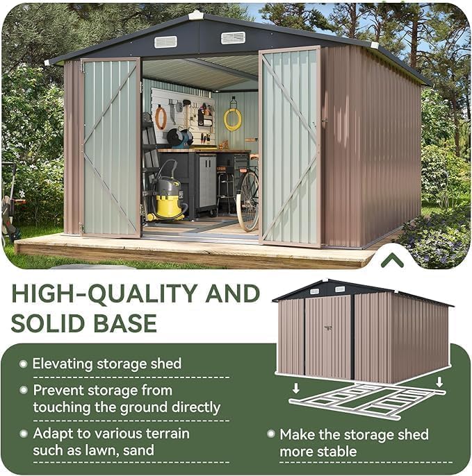 Aoxun 10x12 FT Galvanized Steel Outdoor Storage Shed with Base, Brown - Image 3