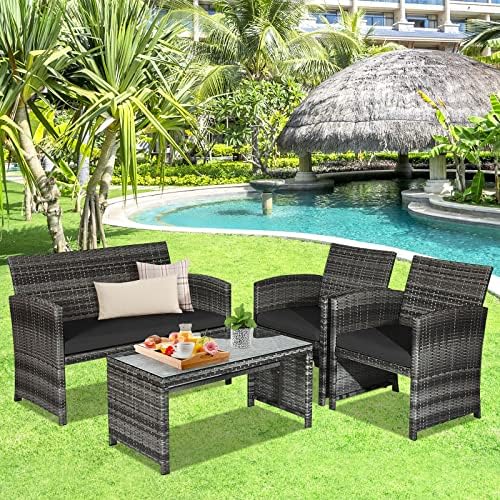 Goplus 4-Piece Rattan Patio Furniture Set, Outdoor Wicker Conversation Sofa with Weather Resistant Cushions and Tempered Glass Tabletop for Lawn Backyard Pool Garden (Black) - Image 6