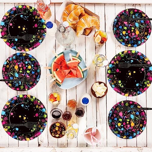 gisgfim 48 Pcs Neon Plates Party Supplies Glow Birthday Party Decorations Glow in Dark Paper Dessert Plates Disposable Neon Theme Birthday Graffiti Party Supplies Decoration Favors - Image 5