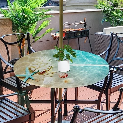 Fitted Round Tablecloth with Umbrella Hole and Zipper Starfish Coral Seashell Outdoor Elastic Table Cloth 45"-56" Oil-Proof Waterproof Summer Beach Patio Table Cover for Picnic Party - Image 2