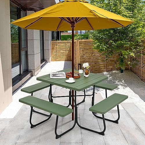Tangkula 8 Person Square Picnic Table with 4 Built-in Benches, Green - Image 2