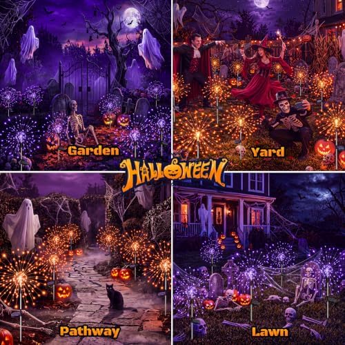btfarm 4 Pack Solar Halloween Lights Outdoor, Orange+Purple Firework Light - Image 5
