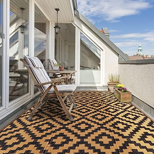 SAND MINE Waterproof Outdoor Rug 4x6 ft, Plastic Straw Area Rug, Large Floor Mat for Outdoors, RV, Patio, Backyard, Deck, Picnic, Beach, Trailer, Camping, Black & Brown Lattice by SANDMIND