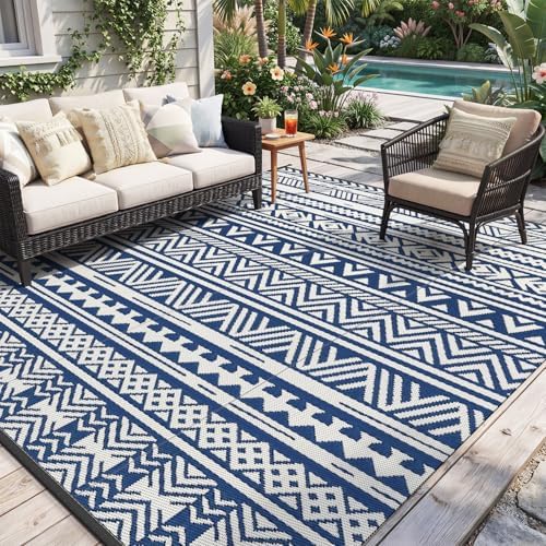 MontVoo Outdoor Rug 8x10 Waterproof Outdoor Patio Rug Mat Reverisble Plastic Straw Outdoor Rug for RV Camping Picnic Beach Balcony Boho Navy Blue by MontVoo