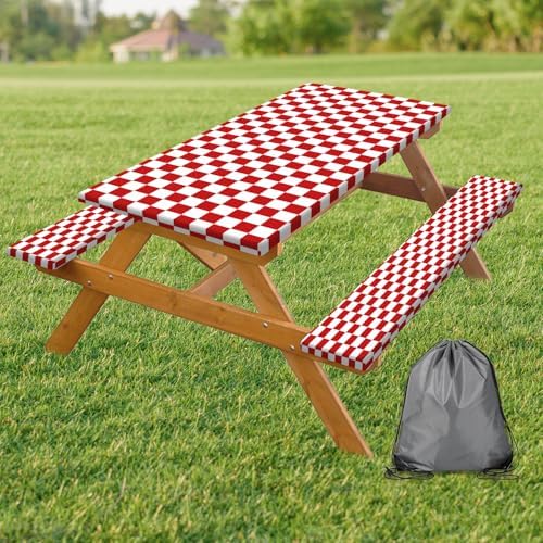Picnic Table Cover with Bench Covers and Bag, Red and White Checkered Gingham Buffalo Plaid Camping Tablecloth Waterproof Windproof Elastic Edges Fitted Tablecloths for Outdoor Garden 3PCS 30x72 Inch by Xguatan