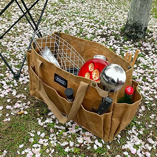 Portable Garden Camping Tool Storage Bag,Waxed Canvas Firewood Carrier Tote bag,Collapsible Sturdy Garden Basket Great for Women, Gardener, Electrician, Repairer (Khaki) - Image 6