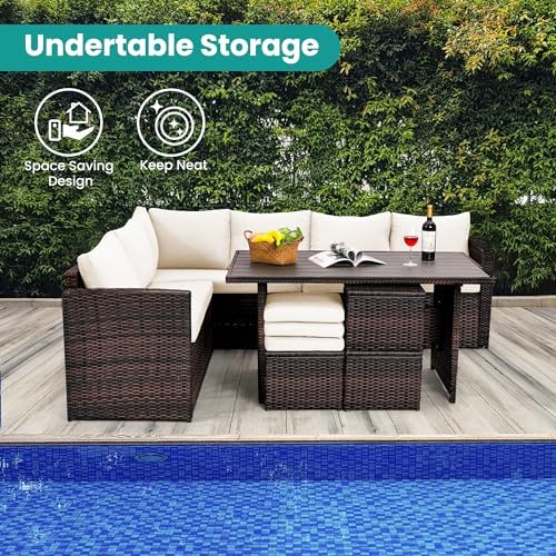 Wumiokio Patio Furniture Set, 7 Pieces Outdoor Patio Furniture with Dining Table&Chair, All Weather Wicker Conversation Set with Ottoman,Brown Rattan & Ivory Cushions (Include Sofa Dust Cover) - Image 4