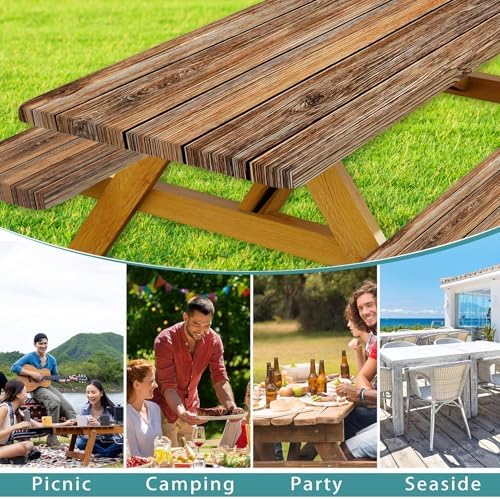Farmhouse Picnic Table Cover with Bench Covers Camping Essentials Brown Wood Grain Waterproof Windproof Camping Tablecloth Fitted Tablecloth Cover with Elastic Edge for Indoor Outdoor 3 PCS 30x96 Inch - Image 3