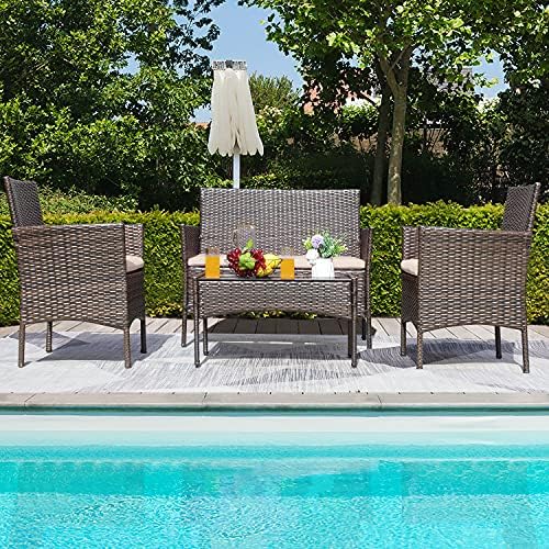 Greesum Patio Furniture 4 Pieces Conversation Sets,Brown and Beige - Image 3