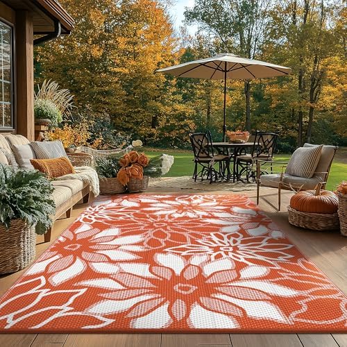 GENIMO Outdoor Rug Waterproof for Patio Decor, 6' x 9' Reversible Plastic Straw Floral Camping Carpet, Large Area Rugs Mats for RV, Camper, Deck, Balcony, Porch, Beach, Picnic, Orange & White - Image 2