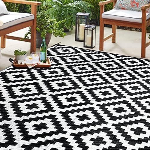 SAND MINE Waterproof Outdoor Rug 6x9 ft, Reversible Mats, Modern Area Rug, Large Floor Mat and Rug for Outdoors, RV, Patio, Backyard, Deck, Picnic, Beach, Trailer, Camping, Black & White Lattice by SANDMIND
