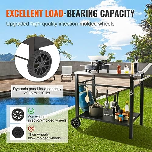 VEVOR Outdoor Grill Cart with Double-Shelf, BBQ Movable Food Prep Table with PVC Placemat, Black Iron Table Top, Portable Modular Carts for Pizza Oven, Worktable with 2 Wheels, Carry Handle - Image 5