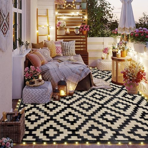 SAND MINE Reversible Mats with Led Strip Lights, Plastic Straw Rug, Modern Area Rug, Large Floor Mat for Outdoors, Patio, Backyard, Deck, Picnic, Camping, Black & Beige, 6' x 9' - Image 7
