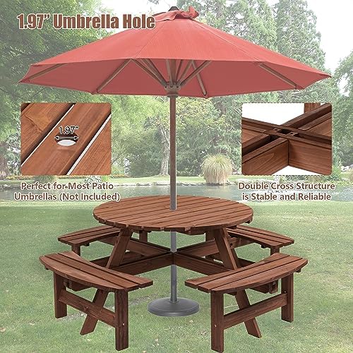 43.3'' Round Outdoor Dining Table Wooden Patio Dining Table & 4 Curved Built-in Bench for 8, 2" Umbrella Hole, Suitable for Backyard Garden Porch, Brown - Image 5
