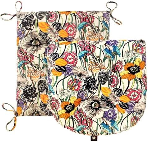 Patio Cushion, Rocking Chair Cushion, Tufted Pads, Set of Upper and Lower with Ties Pack of 2 (2 Sets) - Back 19"×16.5", Seat 16.5"×16.5" (Black Purple Flowers) - Image 2