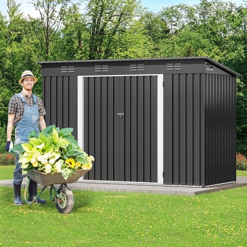 DWVO 8.5x3.5ft Large Tool Storage Shed with Window, Lockable Doors, and Sloped Roof, Oversized Steel Outdoor Storage Shed for Garden, Patio, Garage, Backyard, Lawn - Dark Gray - Image 2