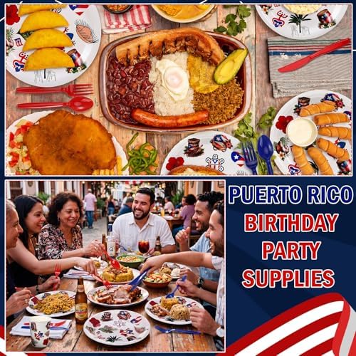 FoldTier 350 Pcs Puerto Rico Party Supplies Disposable Paper Plates Napkins Cups Puerto Rico Theme Birthday Party Decorations Tableware Flag Frog for Holiday Festival Family Friends Serve 50 Guests - Image 5