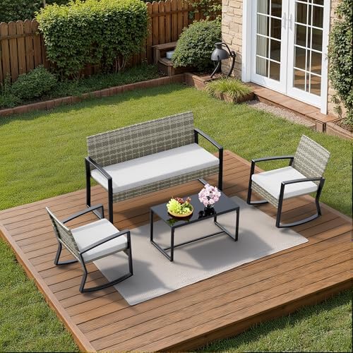 Ahomly 4 Piece Outdoor Furniture Set with Rocking Chairs, Light Grey - Image 6