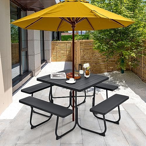 Tangkula 8 Person Square Picnic Table with 4 Built-in Benches, Black - Image 2