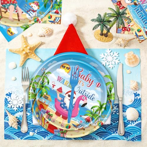 Gameza Tropical Christmas Party Decorations - 96PCS Baby It's Warm Outside Party Plates Napkins and Forks Tableware Set Disposable, Summer Santa in July Holiday Christmas Vacation Supplies Decor - Image 5