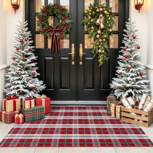 OJIA Christmas Door Mats Outdoor Rug 3'x5' Red Green Plaid Rug Porch Decor by OJIA