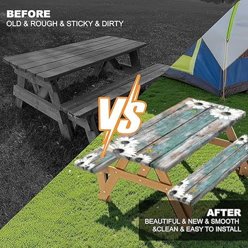 Daisy Flowers Picnic Table Cover with Bench Covers and Bag, Camping Essentials, Wooden Grain Waterproof Windproof, Fitted Tablecloth Cover with Elastic Edge, for Indoor & Outdoor, 3 PCS, 30x60 Inch - Image 5