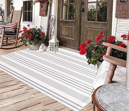 3'x 5'Outdoor Rug,Grey and White Striped Front Porch Mat Indoor Area Rug - Image 5