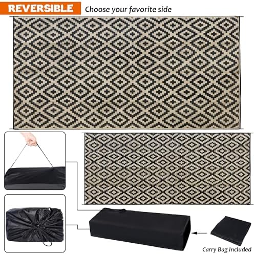 SAND MINE Waterproof Outdoor Rug 10x20 ft, Plastic Reversible Rug, Modern Area Rug, Large Floor Mat for Outdoors, RV, Patio, Backyard, Deck, Picnic, Beach, Camping, Black & Beige - Image 3