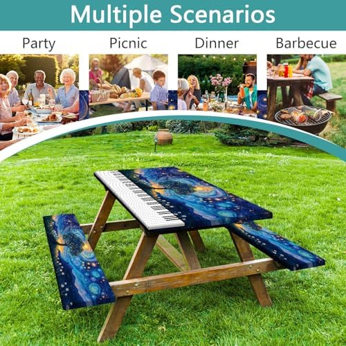 Piano Keyboard Picnic Table Cover with Bench Covers, Camping Essentials, Whirlpool Star Tree Flower Waterproof Windproof, Fitted Tablecloth Cover with Elastic Edge for Outdoor Garden 3 PCS 30x72 Inch - Image 4