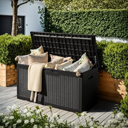 Devoko 97 Gallon Deck Box, Waterproof Resin Outdoor Storage Box for Outside and Patio, Large Outdoor Storage Bench Cabinet Lockable for Patio Furniture, Garden Tools and Pool Supplies (Black) - Image 3