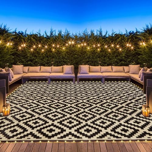 SAND MINE Reversible Mats with Led Strip Lights, Plastic Straw Rug, Modern Area Rug, Large Floor Mat for Outdoors, Patio, Backyard, Deck, Picnic, Camping, Black & Beige, 8' x 10' by SANDMIND