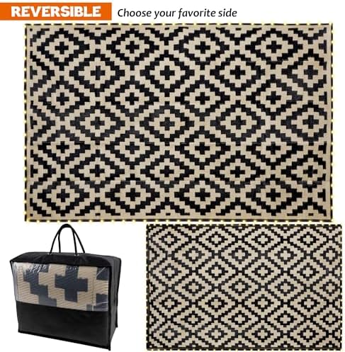SAND MINE Reversible Mats with Led Strip Lights, Plastic Straw Rug, Modern Area Rug, Large Floor Mat for Outdoors, Patio, Backyard, Deck, Picnic, Camping, Black & Beige, 5' x 8' - Image 3