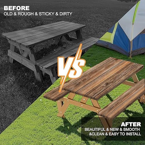 Farmhouse Picnic Table Cover with Bench Covers Camping Essentials Brown Wood Grain Waterproof Windproof Camping Tablecloth Fitted Tablecloth Cover with Elastic Edge for Indoor Outdoor 3 PCS 30x60 Inch - Image 4