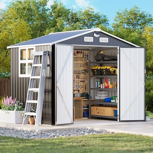 MXV 8 x 6FT Outdoor Storage Shed, Metal Garden Shed with Windows, Double Lockable Doors & Sloped Roof, Magnetic Solar Lamp, Waterproof Tool Sheds for Backyard Garden Patio Lawn, Black by Unknown
