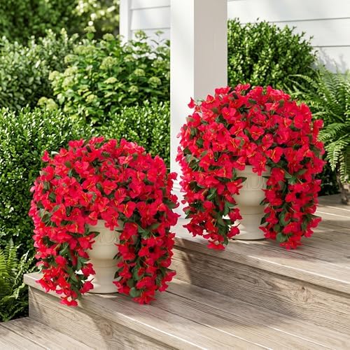 Faux Bougainvillea Artificial Flowers Plants for Outdoor Outside Decoration, 2 PCS Red Fake Flowers UV Resistant Look Real Silk Long Trailing Vines for Front Door Porch Planter Urn Patio Garden Yard - Image 2