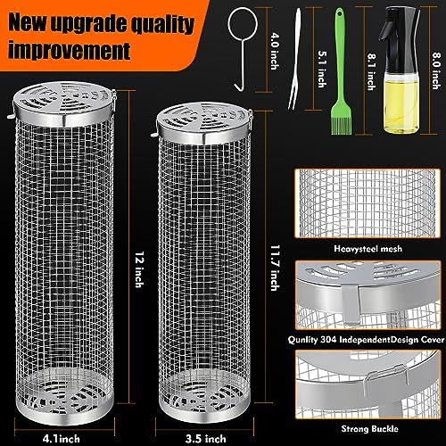 10-Piece BBQ Set: 2 Rolling Grill Baskets for Effortless Flipping, 304 Stainless Steel for Easy Clean, Sausage & Vegetables, Oil Bottle, Forks, Brushes, Outdoor Camping Grilling Accessories, Gifts for Men Dad Husband - Image 2
