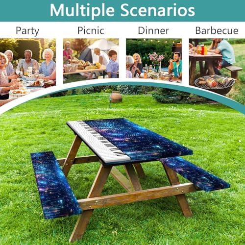 Piano Keyboard Picnic Table Cover with Bench Covers, Camping Essentials, Music Themed Waterproof Windproof, Fitted Tablecloth Cover with Elastic Edge, for Outdoor, Garden, 3 PCS, 30x60 Inch - Image 3