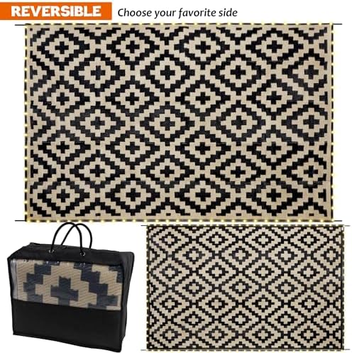 SAND MINE Reversible Mats with Led Strip Lights, Plastic Straw Rug, Modern Area Rug, Large Floor Mat for Outdoors, Patio, Backyard, Deck, Picnic, Camping, Black & Beige, 6' x 9' - Image 3